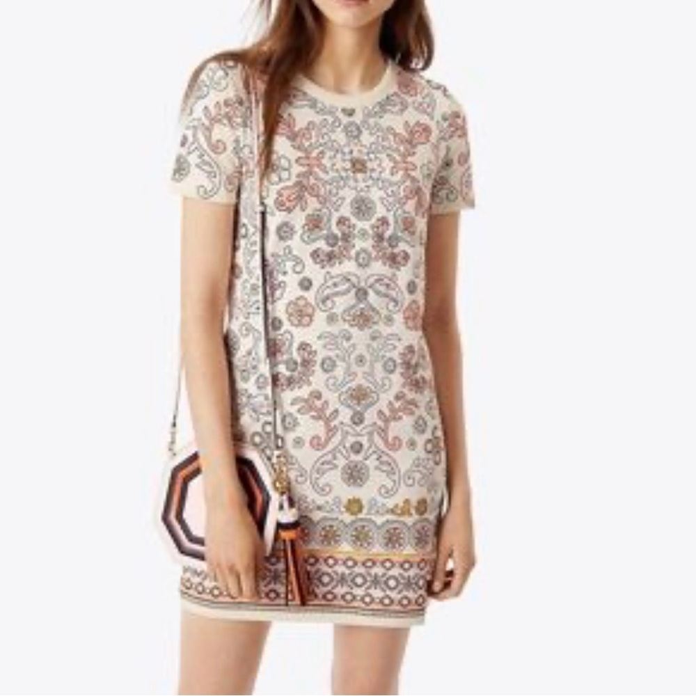 NWOT Tory Burch Avril Cotton Printed Tee Dress Cream Pink size small